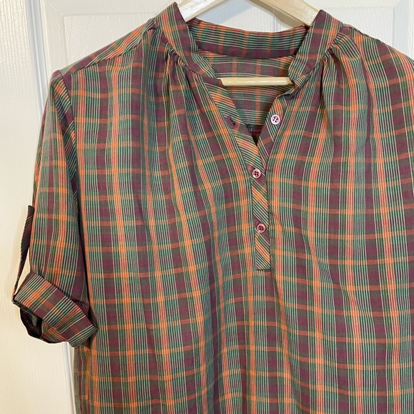 VTG 70s 80s lightweight plaid blouse w/ 1/2 sleeves & mandarin collar sz XL (?) - Picture 2 of 7